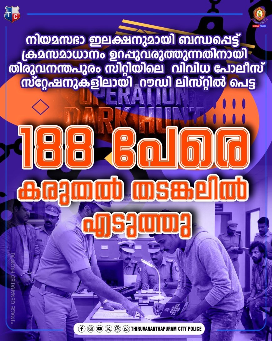 തിരുവനന്തപുരം നഗരത്തിലെ പൊതുജനങ്ങളുടെ സുരക്ഷ ഉറപ്പാക്കുന്നതിനും കുറ്റകൃത്യങ്ങൾ തടയുന്നതിനുമായി സിറ്റി പോലീസിന്റെ ശക്തമായ നടപടി