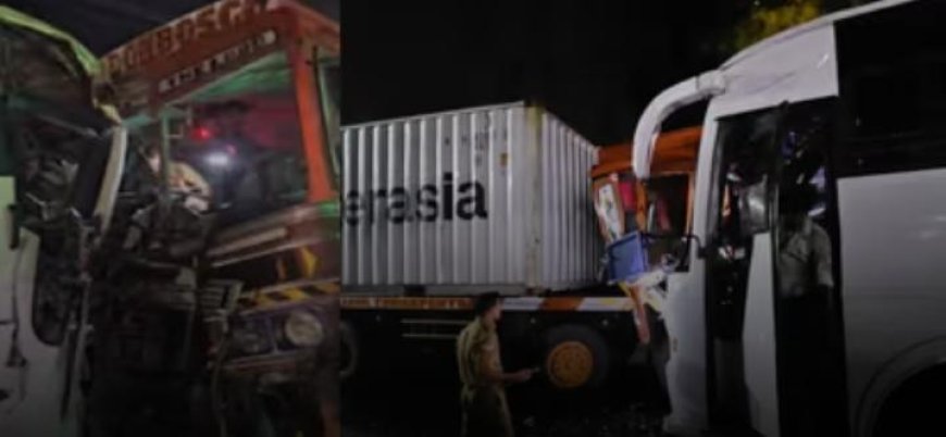 പൊലീസുകാർ സഞ്ചരിച്ച ബസ് കണ്ടെയ്‌നർ ലോറിയുമായി കൂട്ടിയിടിച്ചു, നിരവധി പേർക്ക് പരിക്ക്